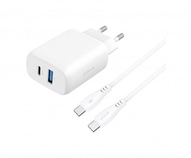 СЗУ Proove Silicone Power 2 30W (Type-C + USB) + Cable Type-C to Type-C (1m) (white)